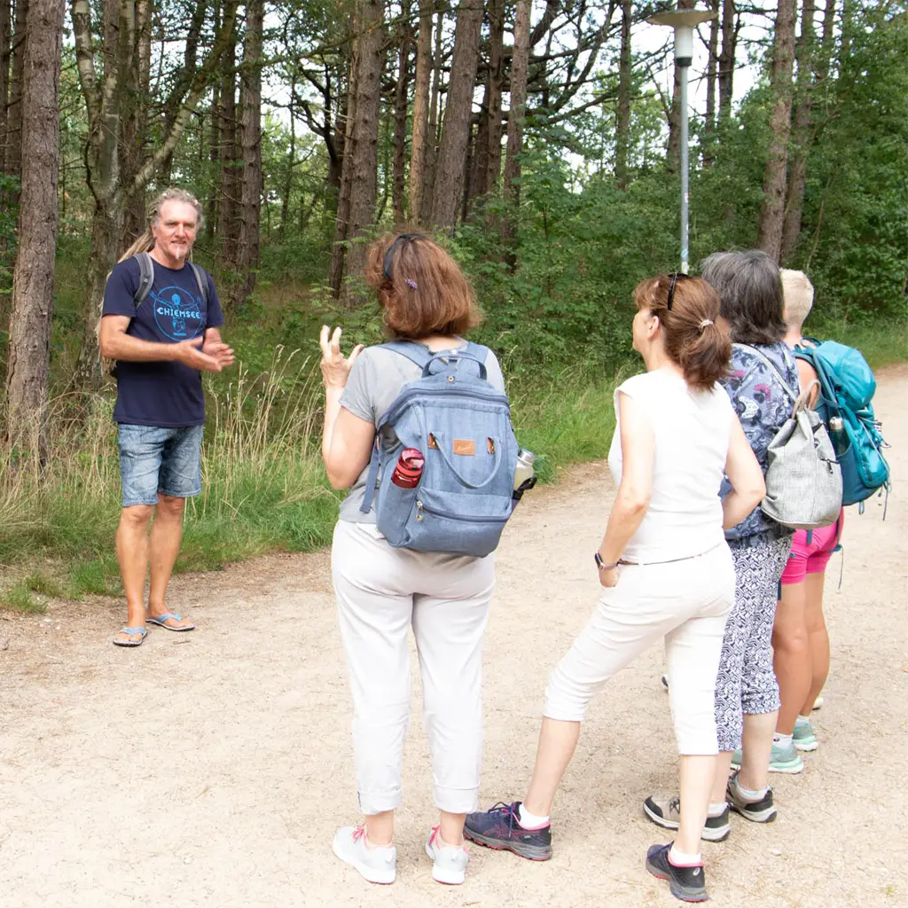 Geführter Naturspaziergang in St. Peter-Ording – kleine Gruppe folgt dem Guide durch Wald- und Dünenlandschaft