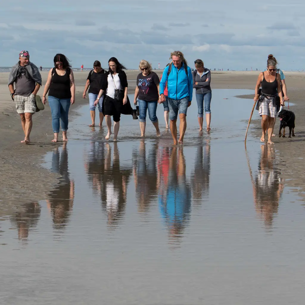 Gruppe bei einer geführten Bernsteinsuche im Watt von St. Peter-Ording an der Nordsee